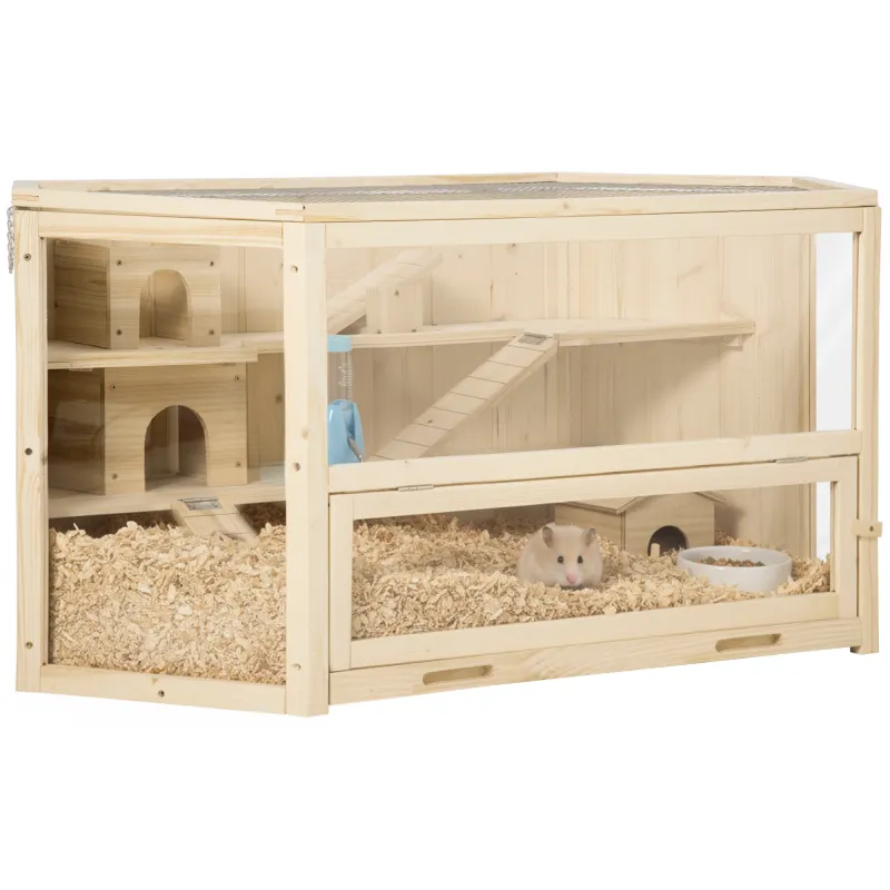 Wooden Large Hamster Cage Small Animal Exercise Play House 3 Tier with Tray, Seesaws, Water Bottle, Activity Center, Natural