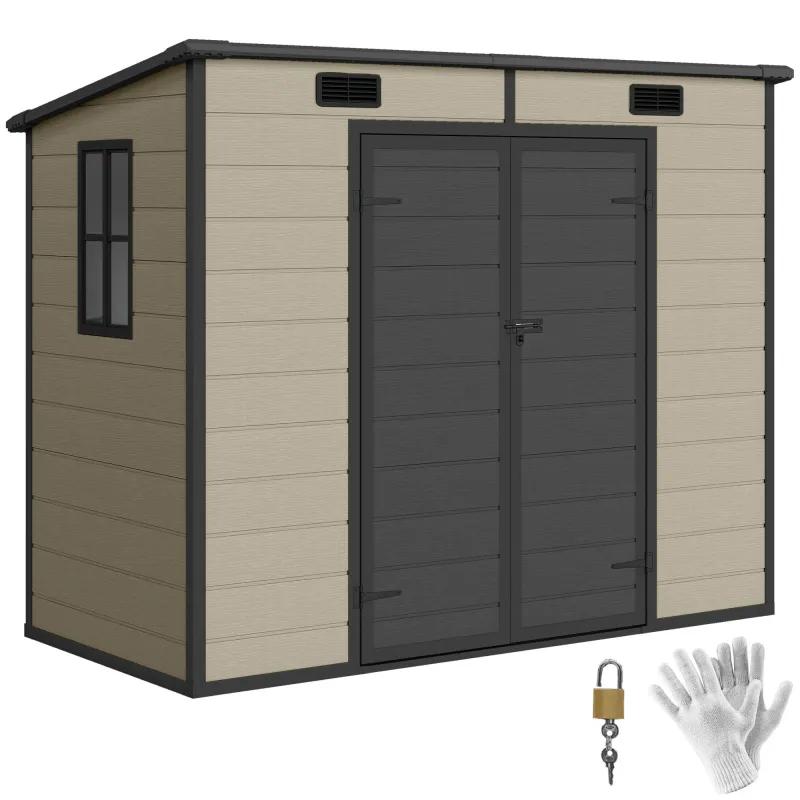 8' x 4' Plastic Outdoor Storage Shed with Floor, Window, Lockable Doors and Vents for Backyard Patio Lawn, Light Brown