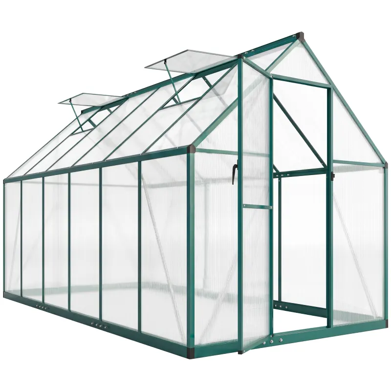 Polycarbonate Greenhouse with Swing Door and Two Adjustable Roof Vents, Aluminum Walk-in Greenhouse, 11x6 ft, Dark Green
