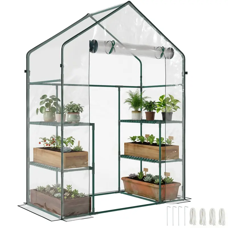 5' x 2.5' x 6.5' Mini Walk-in Greenhouse Kit, Portable Green House with 3 Tier Shelves, Roll-Up Door, and Weatherized Plastic Cover for Backyard Garden, Clear