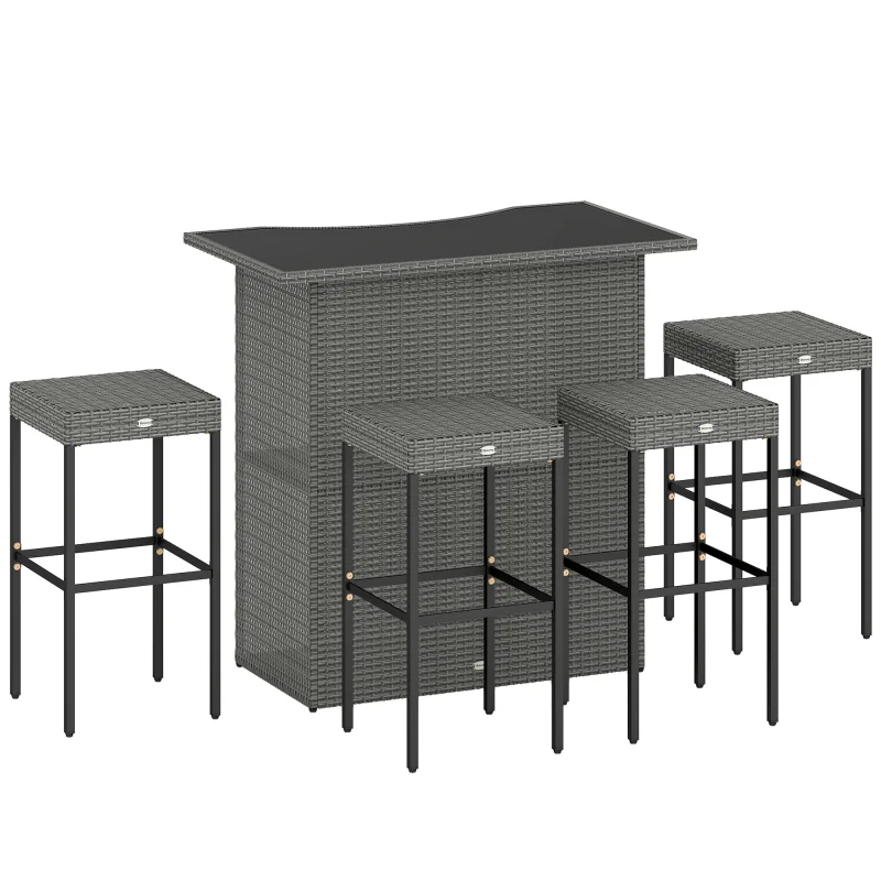 5 Piece Rattan Wicker Bar Set, High Top Outdoor Table and Chairs, Bar Height Patio Set, 2 Shelves & 4 Bar Stools, Gray