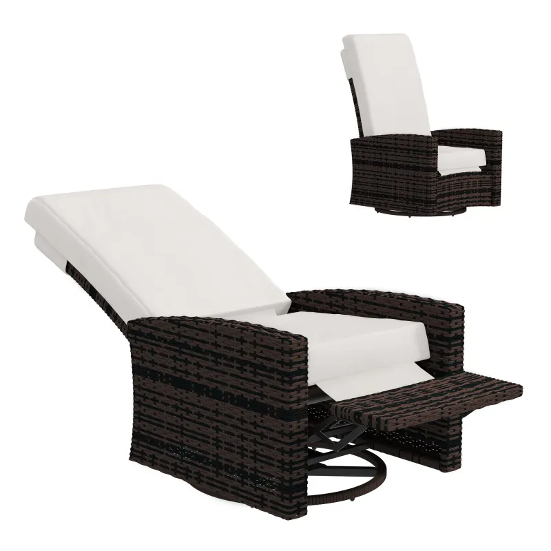 Outdoor Wicker Swivel Recliner Chair, Lifting Footrest, 360° Rotating Basic, Water-resistant Cushions, Khaki