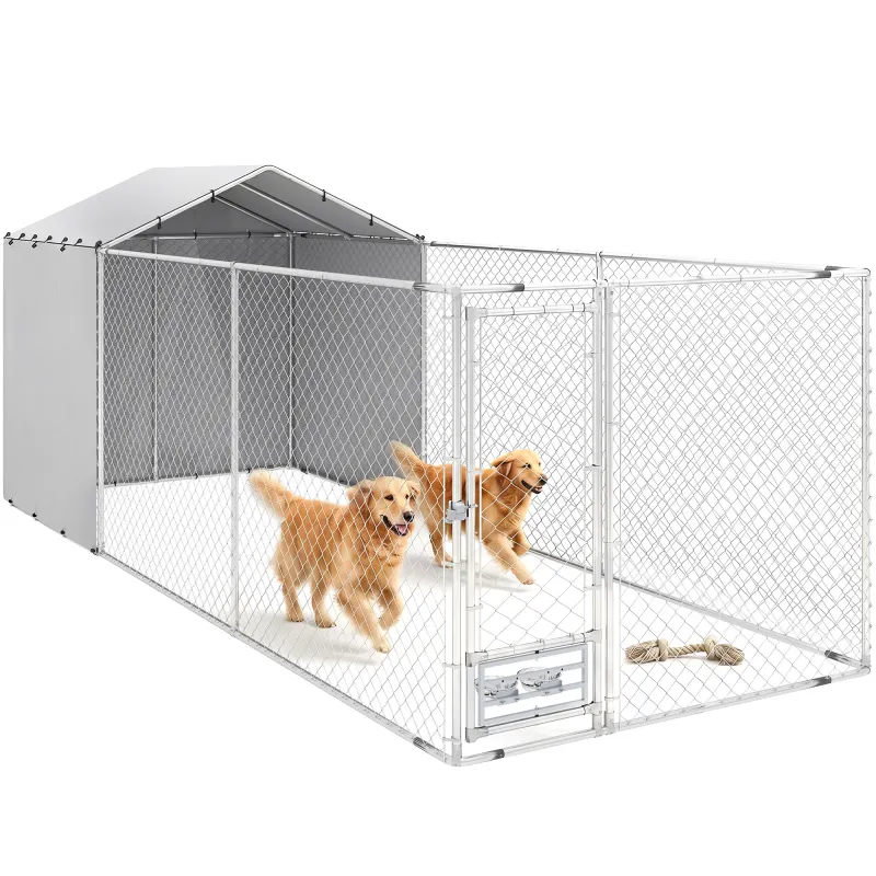 Galvanized Chain Link Large Outdoor Dog Kennel with Waterproof & UV-Resistant Cover, for M&L Dogs, 19.7' x 7.5' x 7.5'