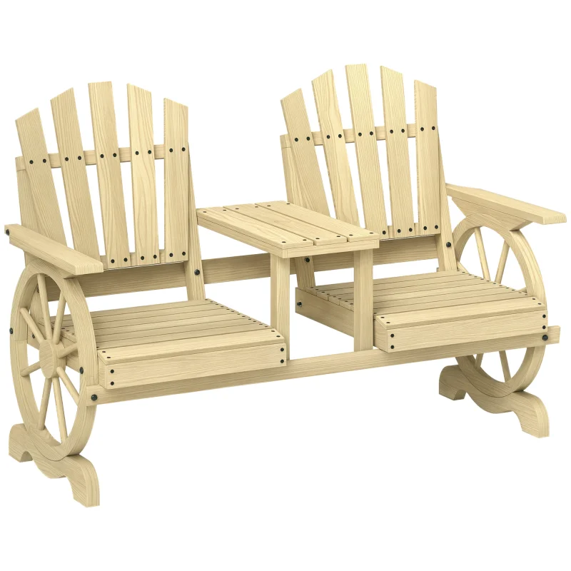 2-Seat Wooden Garden Bench with Table, Umbrella Hole, High Backrest, Armrests for Backyard, Patio, Garden, Natural Wood