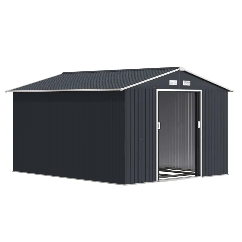 11' x 9' Outdoor Storage Shed, Garden Tool Metal Shed with Foundation Kit, Double Lockable Door, Dark Gray
