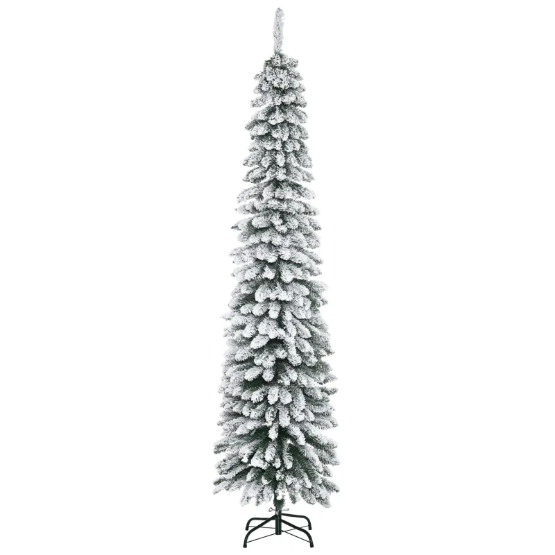 7' Tall Unlit Slim Pencil Xmas Tree, Snow-Flocked Artificial Christmas Tree with Realistic Branches and 603 Tips, Green