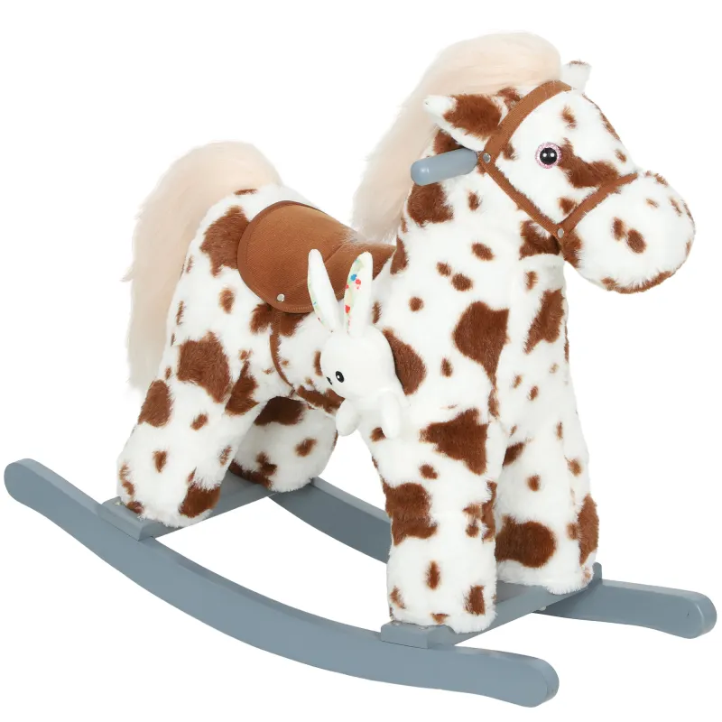Rocking Horse, Animal Rocker with Rabbit Toy and Realistic Neigh for Toddlers, Soft Filling Ride on Pony, Brown