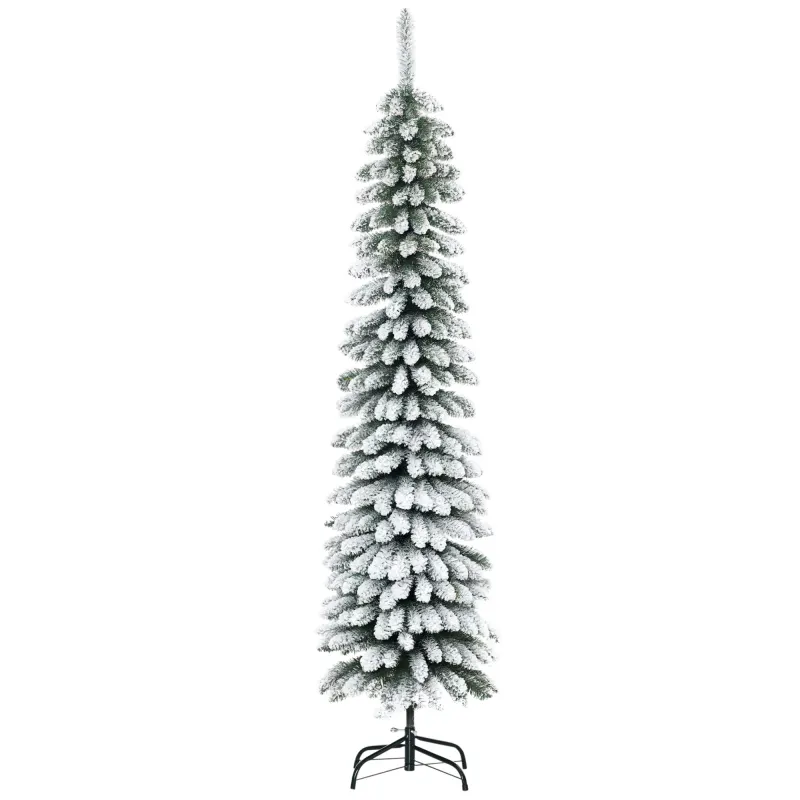 6' Tall Unlit Slim Pencil Xmas Tree, Snow Flocked Artificial Christmas Tree with Realistic Branches and 603 Tips, Green