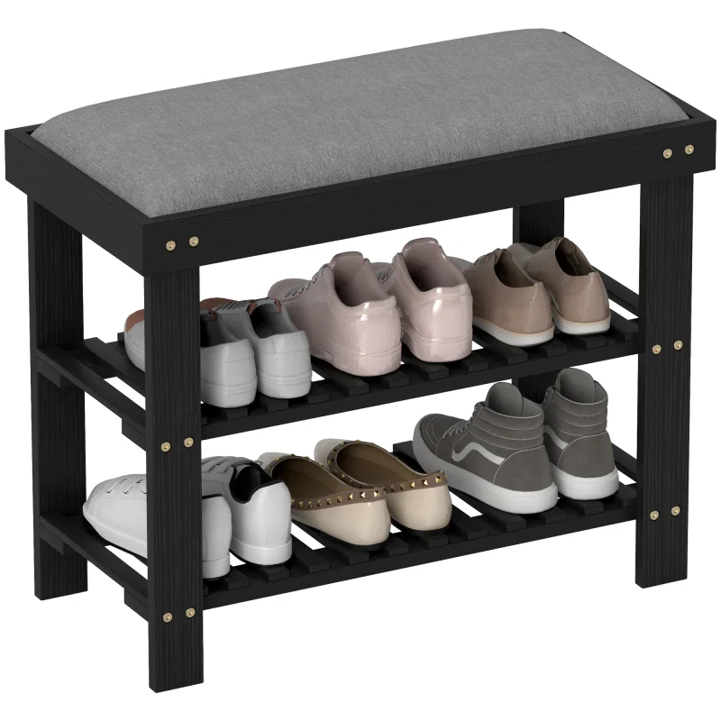 Bamboo Shoe Storage Bench, 3-Tier Entryway Bench with Cushion, Shoe Organizer for Entryway, Hallway, Black