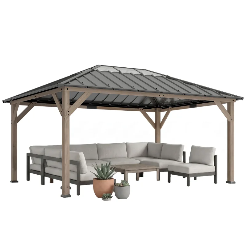 12' x 16' Hardtop Gazebo with Galvanized Steel Roof, UPF50+ Wood Permanent Pavilion with Clear Roof Top, Light Walnut