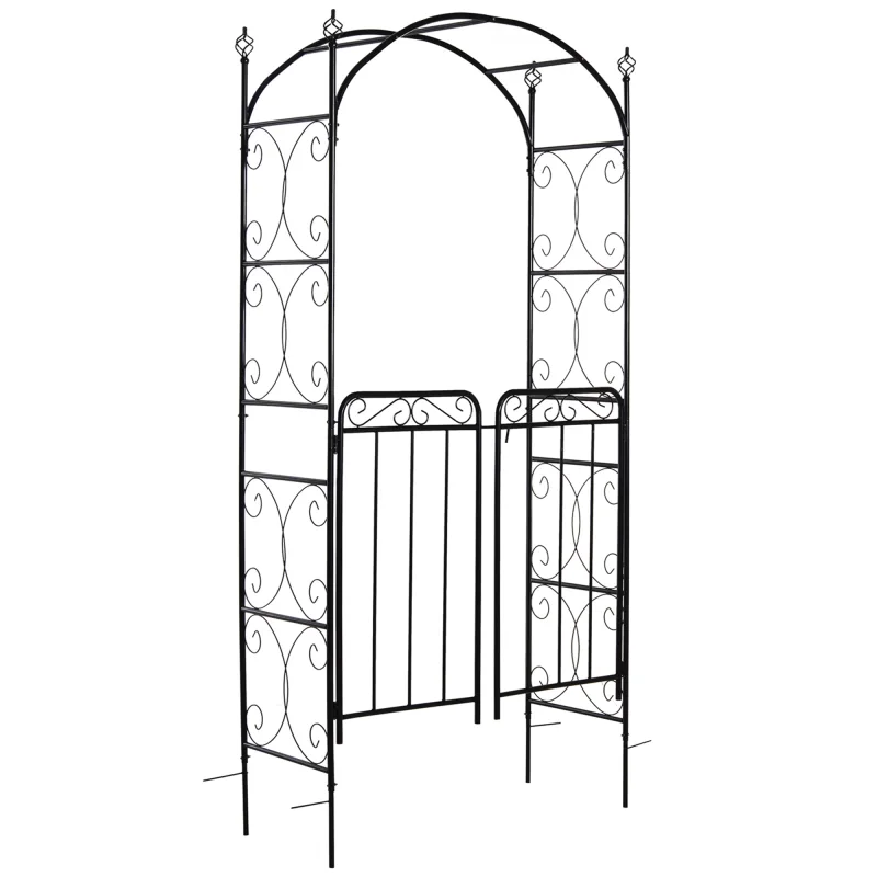 Garden Arch Arbor with Gate, Metal Arch Trellis, Garden Archway for Climbing Vines, Wedding Ceremony Decoration, Black