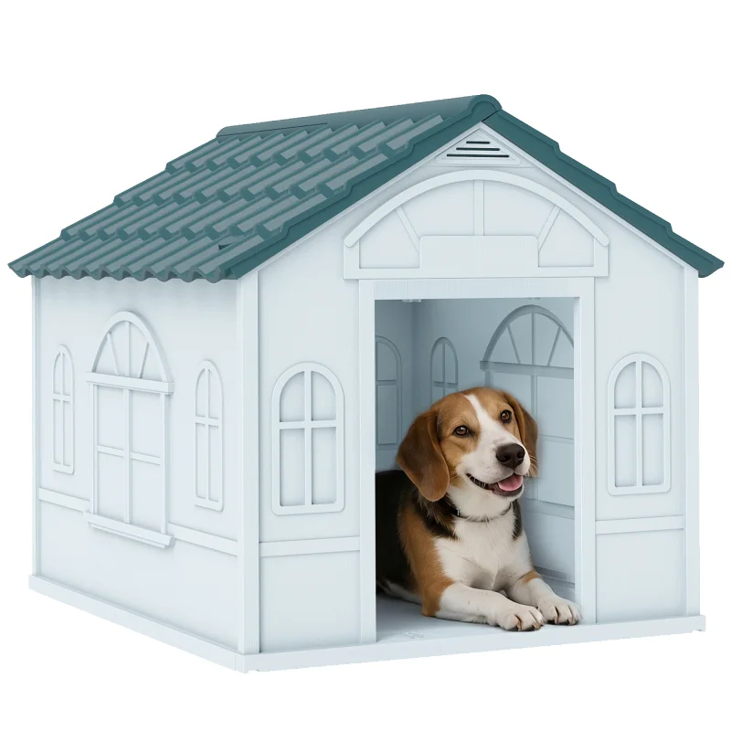 Plastic Dog House for Medium and Small Dogs, Water Resistant Puppy Shelter Indoor Outdoor with Door, Easy to Assemble, Blue