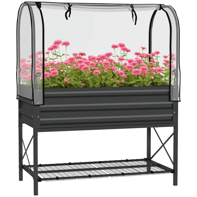 Raised Garden Bed with Legs and Cover, Metal Elevated Planter Box with Bottom Shelf and Liner for Vegetables, Black