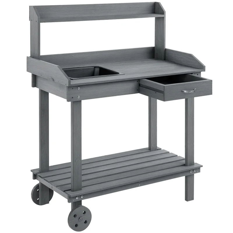 36'' Wooden Potting Bench Work Table with 2 Removable Wheels, Sink, Drawer & Large Storage Spaces, Gray