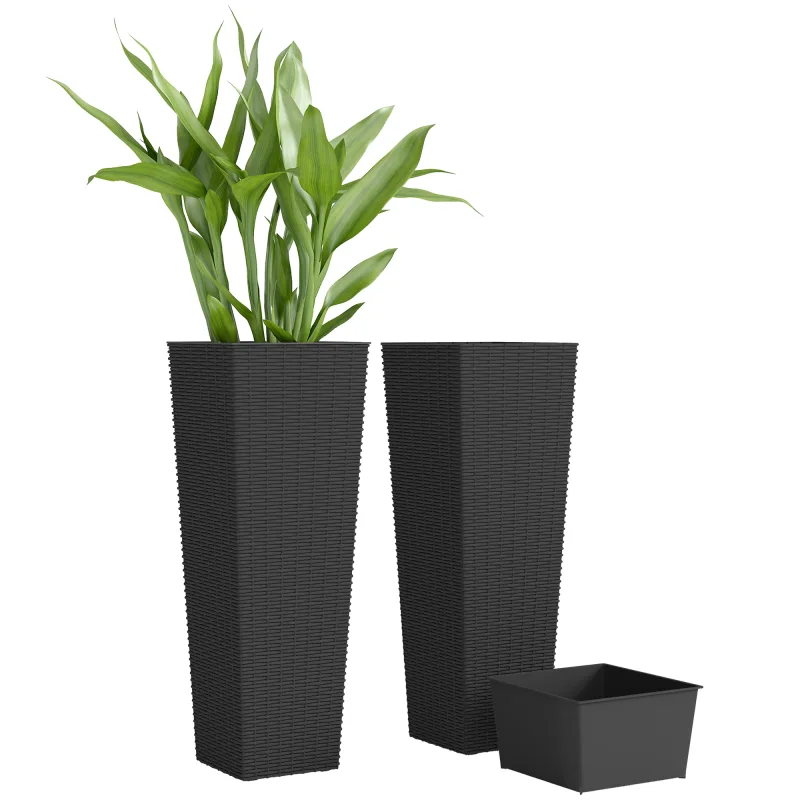 32 Inch Tall Planters for Outdoor Plants, Set of 2 Plastic Flower Pots with Drainage Holes, Black