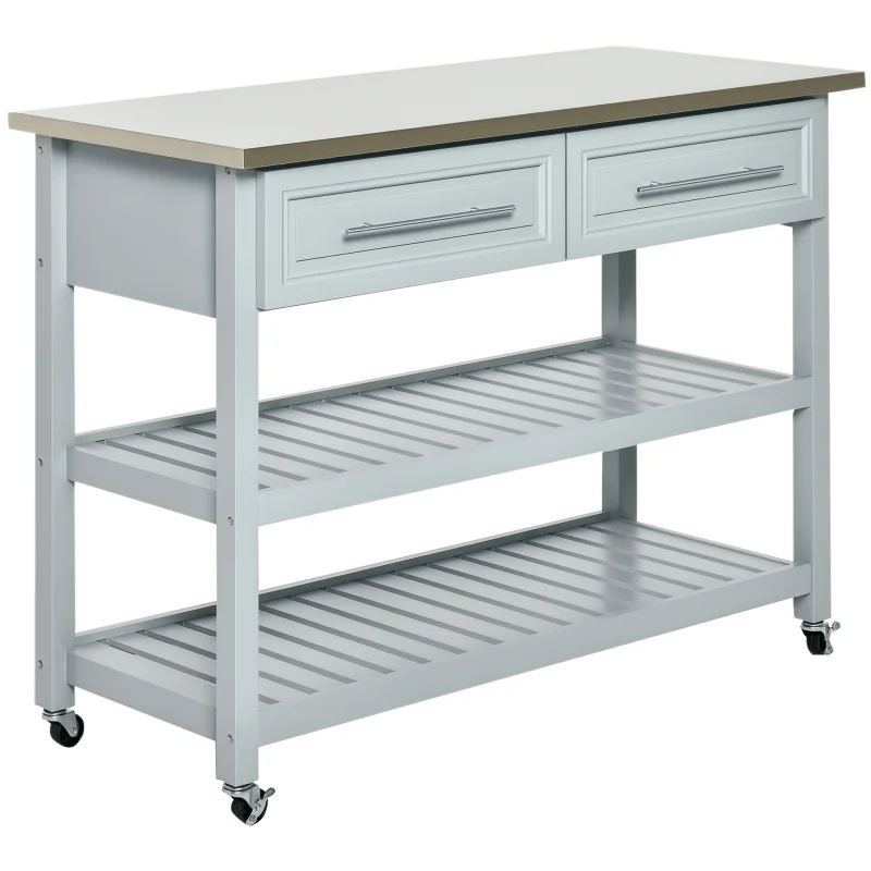 Kitchen Island with Stainless Steel Top, Traditional Kitchen Island with Storage, Light Gray
