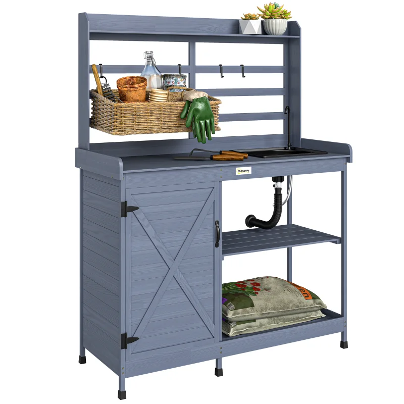 Wooden Potting Bench with Storage, Sink, Water Tap for Backyard, Patio, Balcony, Gray