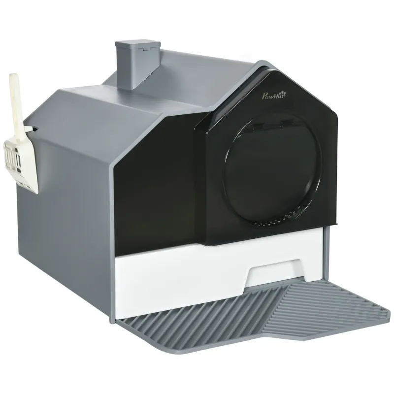 Hooded Cat Litter Box w/ Litter Mat, Litter Particle Catching, Gray