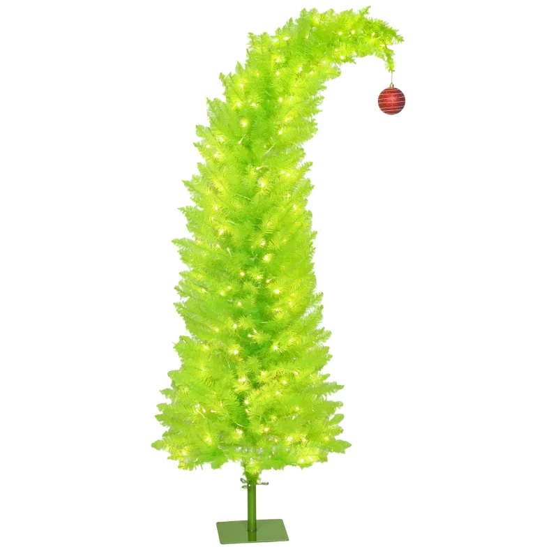 5 ft Whimsical Christmas Tree, Pencil Xmas Tree with Red Ball, Metal Base, Prelit with 200 LED Lights