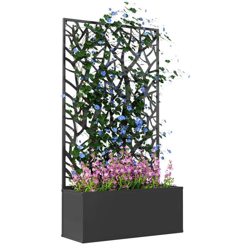 Metal Garden Bed with Trellis for Climbing Plants, Freestanding or Wall Mounted Flower Bed for Garden, Patio, Balcony
