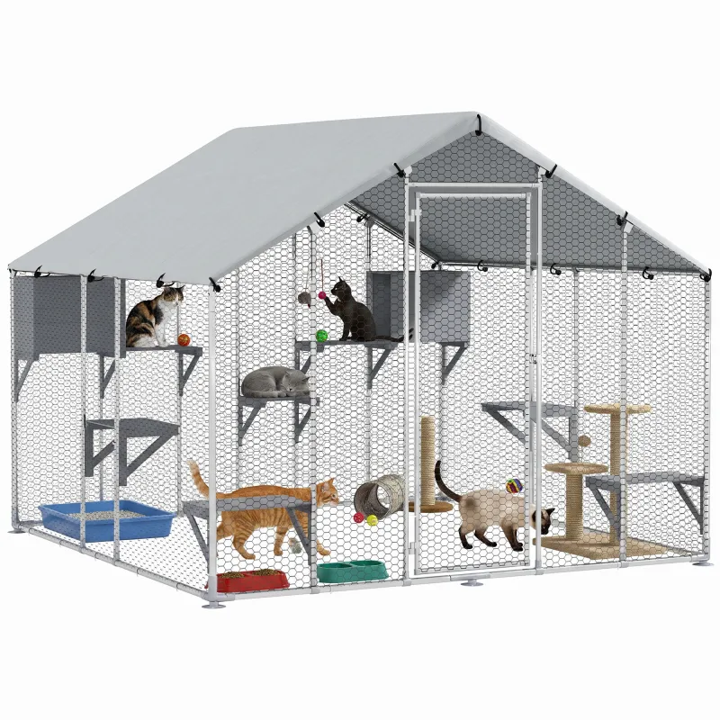 95" Extra Large Metal Outdoor Catio with Waterproof Cover, 2 Resting Boxes, 7 Jumping Platforms, for Multiple Cats