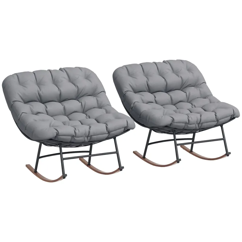 Outdoor Rocking Chair Patio Set of 2, Oversized Rocking Papasan Chairs with Cushions for Garden Porch, 265 lbs., Gray
