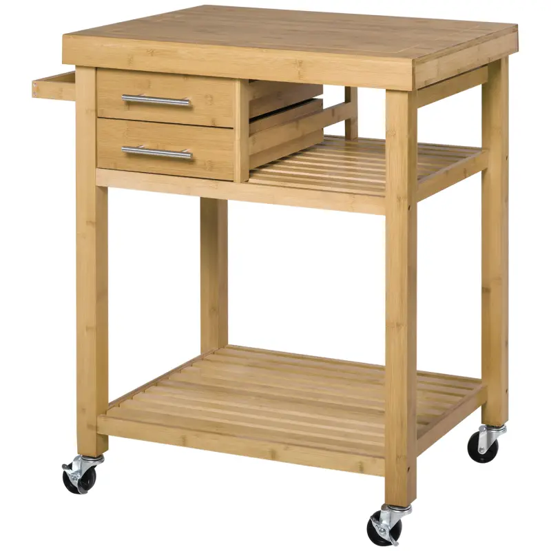 Bamboo Kitchen Island Cart on Wheels, Utility Trolley Cart with 2 Storage Drawers and Open Shelves, Bamboo Tone