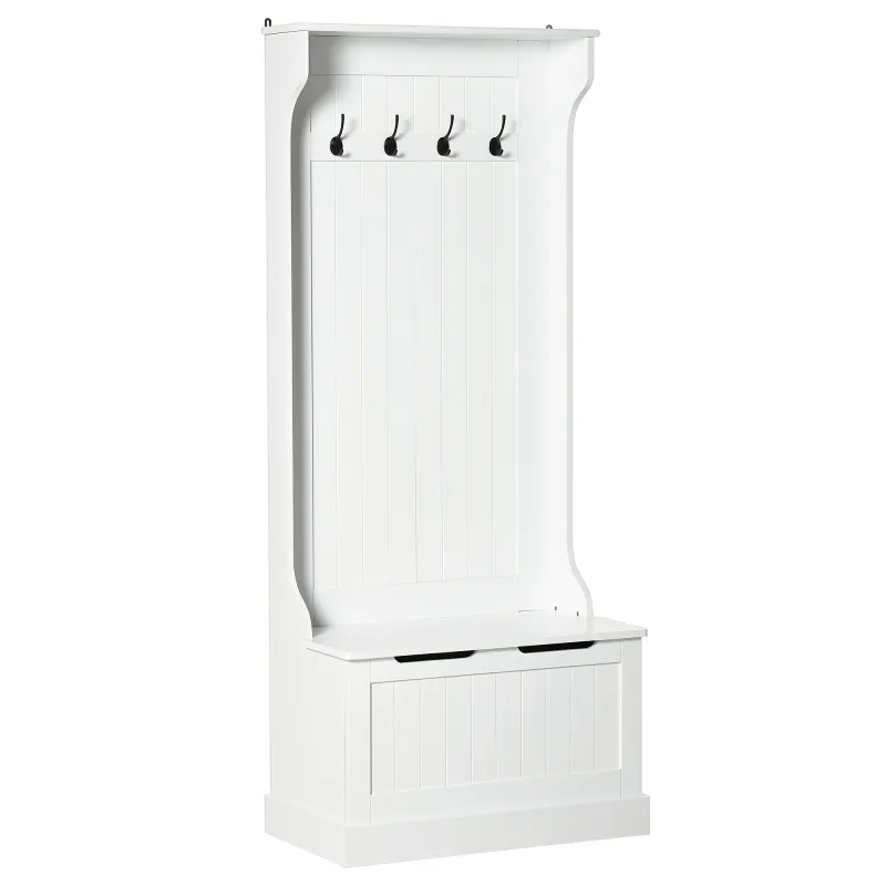 Hall Tree with Coat Rack, Storage, and Sitting Bench, White