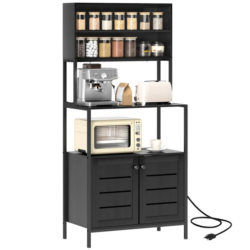 Baker's Rack with Power Outlet and Storage Shelves, Microwave Stand with Louvred Door Cabinets, Black