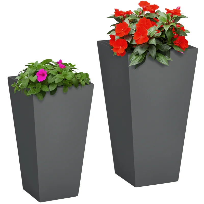 2-Pack Outdoor Planter Set, Flower Pots with Drainage Holes, Durable & Stackable Plant Pot, 22in & 18in, Gray