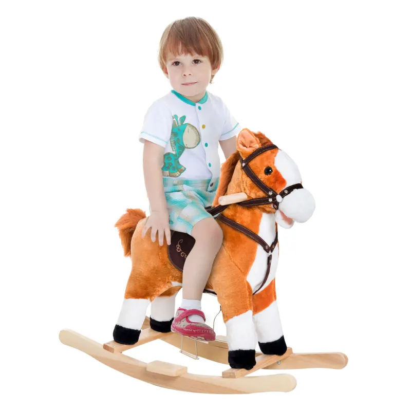 Qaba Kids Plush Toy Rocking Horse Ride-on Toys with Realistic Sounds and Moving Tail - Brown