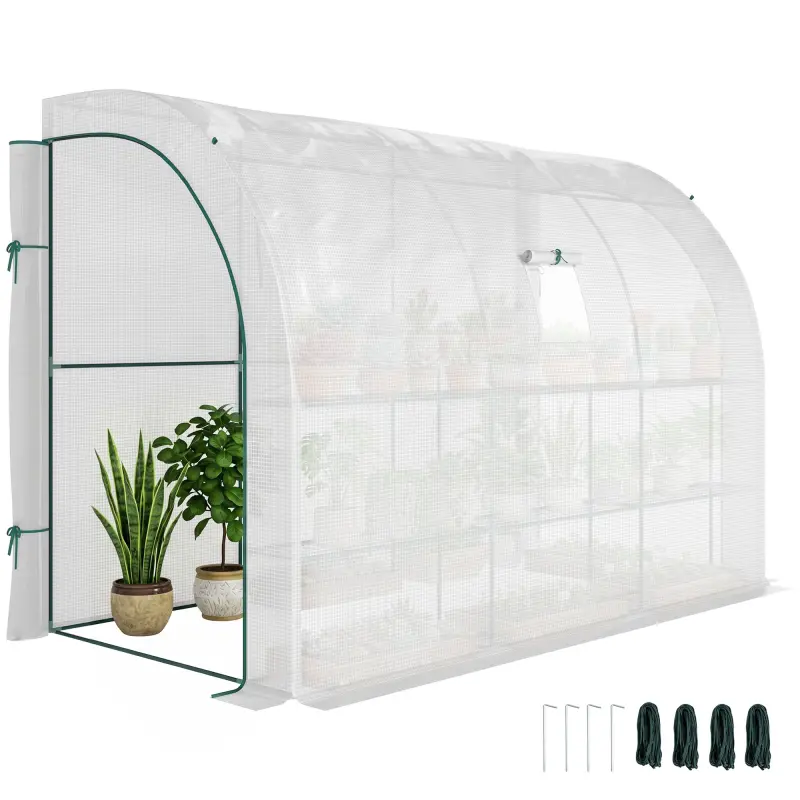 10' x 5' x 7' Outdoor Walk-In Greenhouse, Plant Nursery with Zippered Doors, PE Cover and 3 Wire Shelves, White
