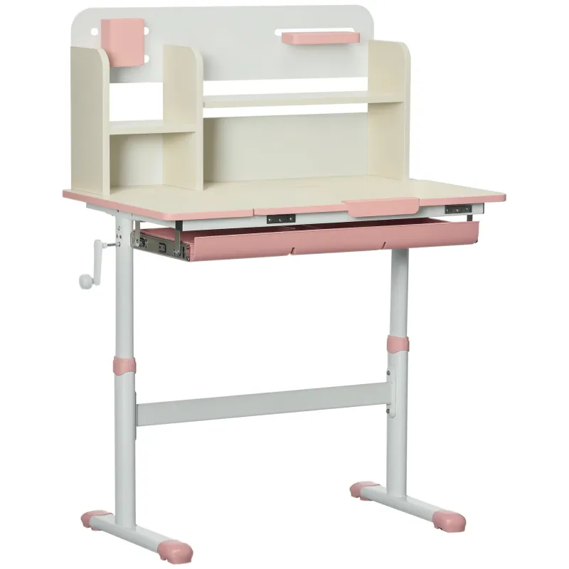 Wooden Kids Study Desk, Height Adjustable Children School Study Table, Student Writing Desk with Tilt Desktop, Pink