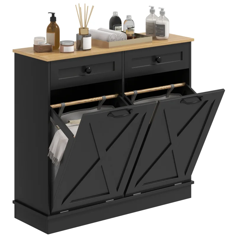 Tilt Out Laundry Hamper Cabinet, Bathroom Storage Cabinet with 2 Removable Baskets and 2 Drawers, Black