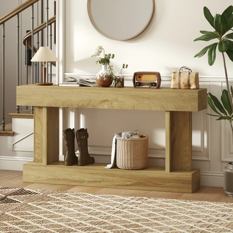 63 Inch Long Console Table, Vintage Narrow Entryway Table with Storage Shelf for Living Room and Hallway, Oak