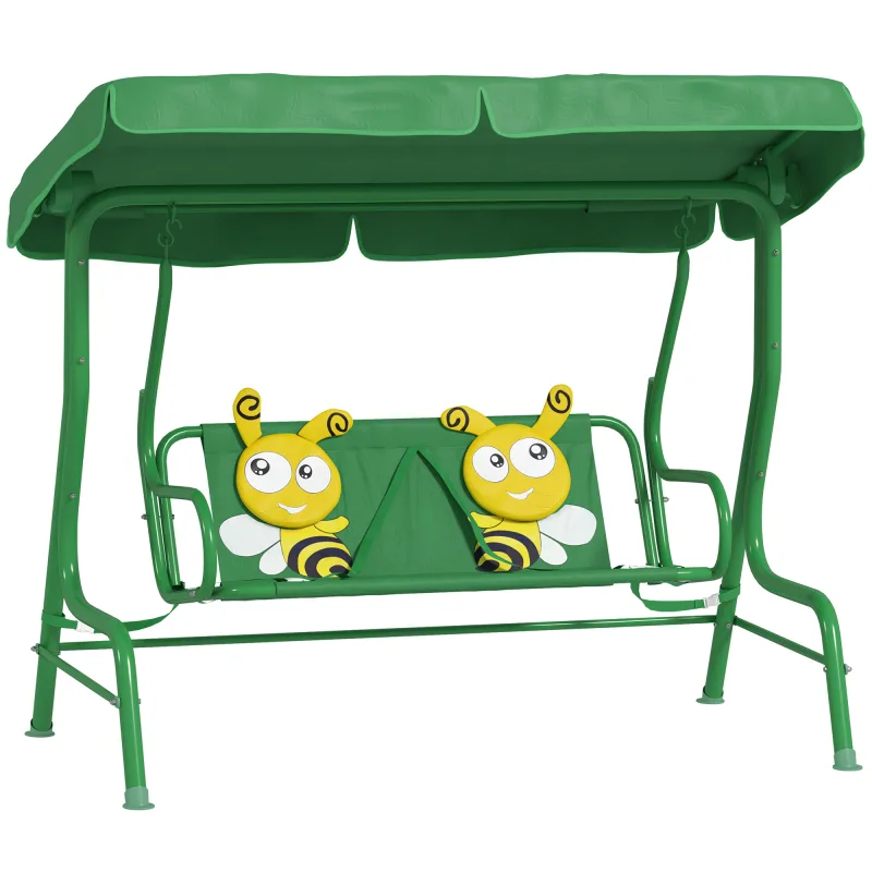 Kids Patio Swing Chair with Adjustable Canopy, Safety Belt for Patio, Garden, Poolside, Balcony, Dark Green