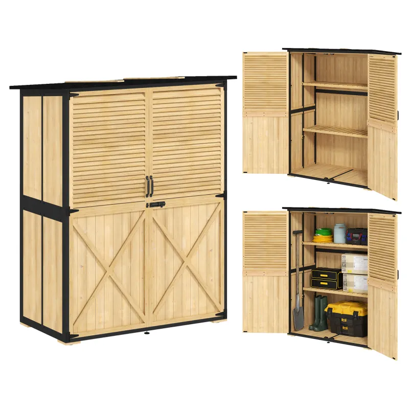 Wood Storage Shed, Outdoor Garden Shed with Asphalt Roof, 2 Shelves, Lockable Doors and Adjustable Feet, Natural