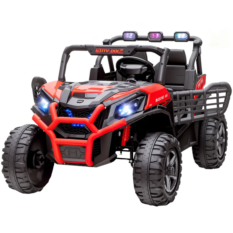 2 Seater 24V Kids Electric Car w/ Remote Control, 3 Speed, LED Lights, Music, Horn, Spring Suspension, Slow Start, Red