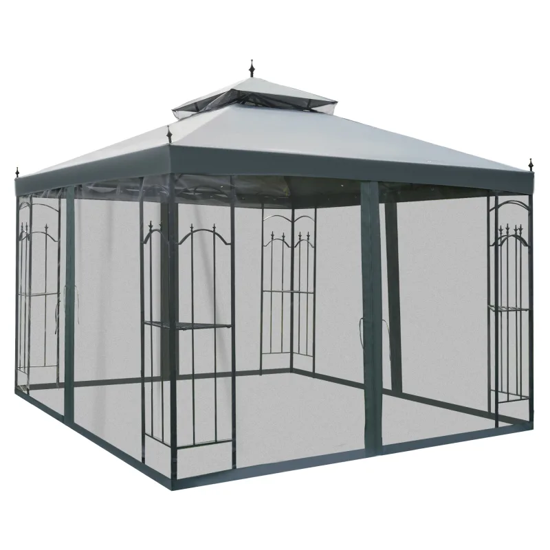 118" x 118" Steel Outdoor Patio Gazebo Canopy with Removable Mesh Curtains, Display Shelves, & Steel Frame, Gray