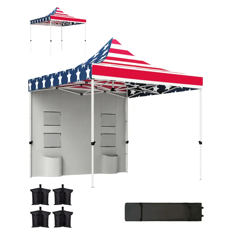 10' x 10' Heavy Duty Pop Up Canopy Tent with Sidewall, UPF50+ Instant Sun Shelter with Storage Pockets, American Flag