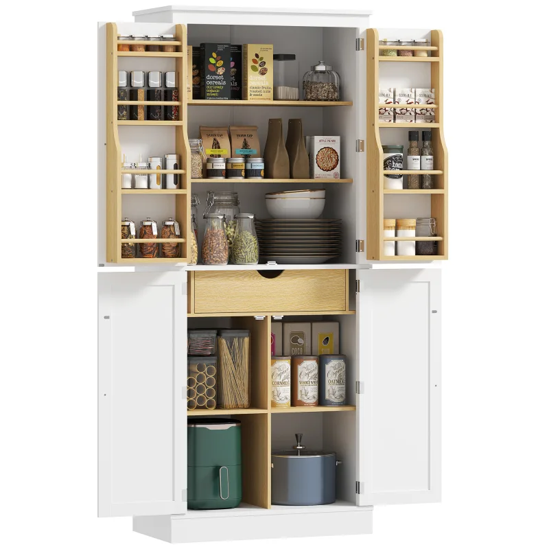 72" Kitchen Pantry Storage Cabinet, Modern Tall Kitchen Cabinet with 5-tier Storage Shelving, 8 Spice Racks, Drawer