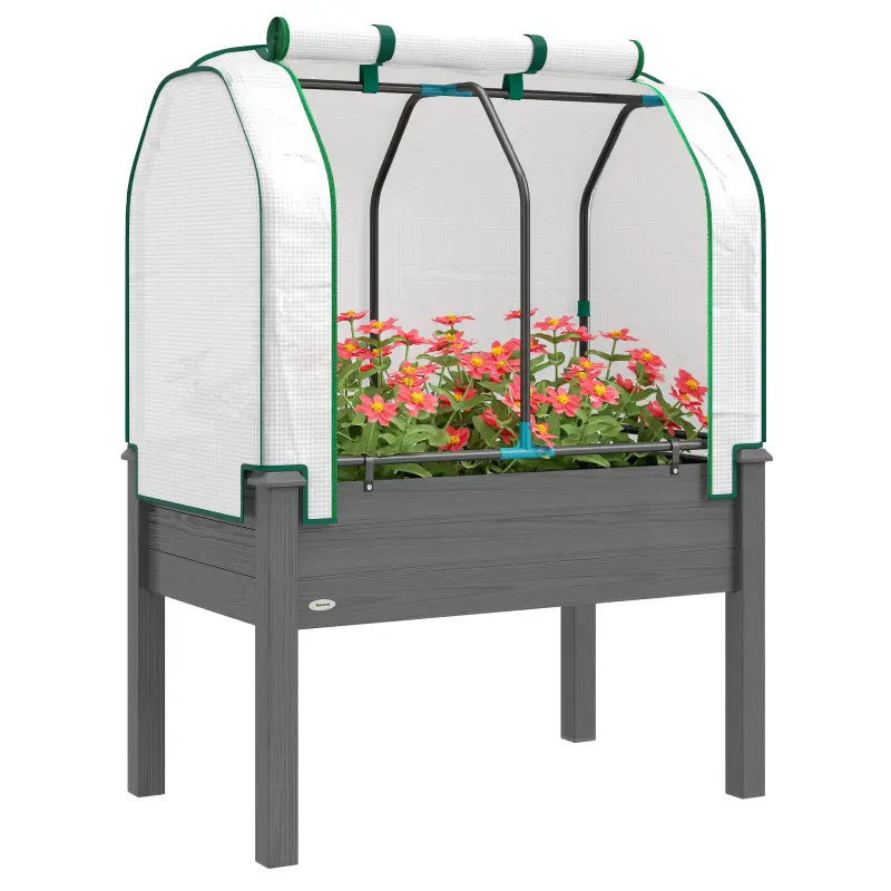 Raised Garden Bed with PE Greenhouse Cover Outdoor Planter Box for Herbs and Vegetables, 35 x 22 x 47 inch, Dark Gray