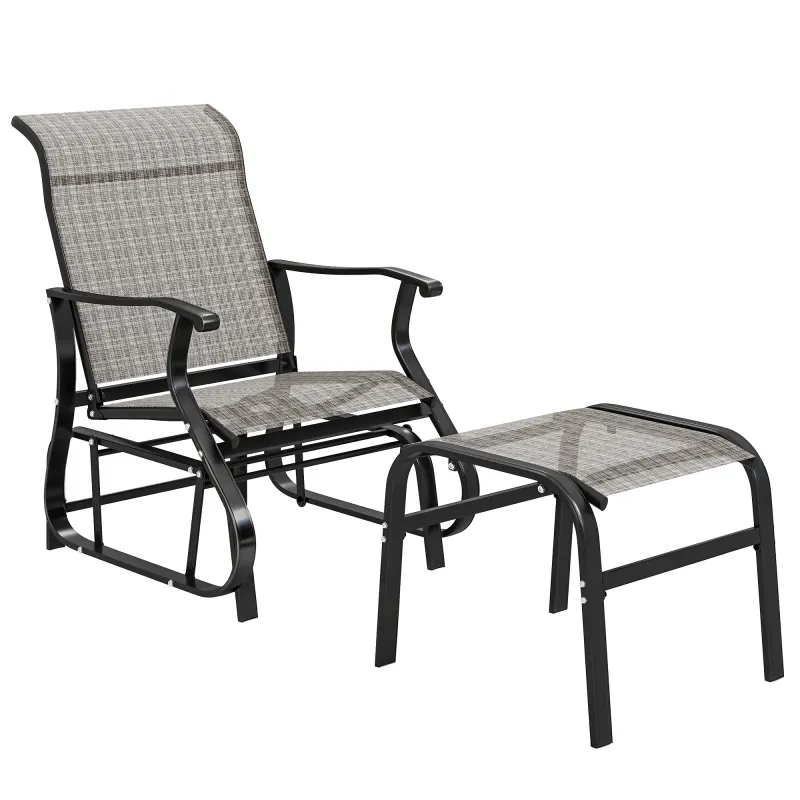 Outdoor Glider with Ottoman, Patio Glider Chair Set with High Back, Wide Seat for Porch, Garden, Backyard, Gray