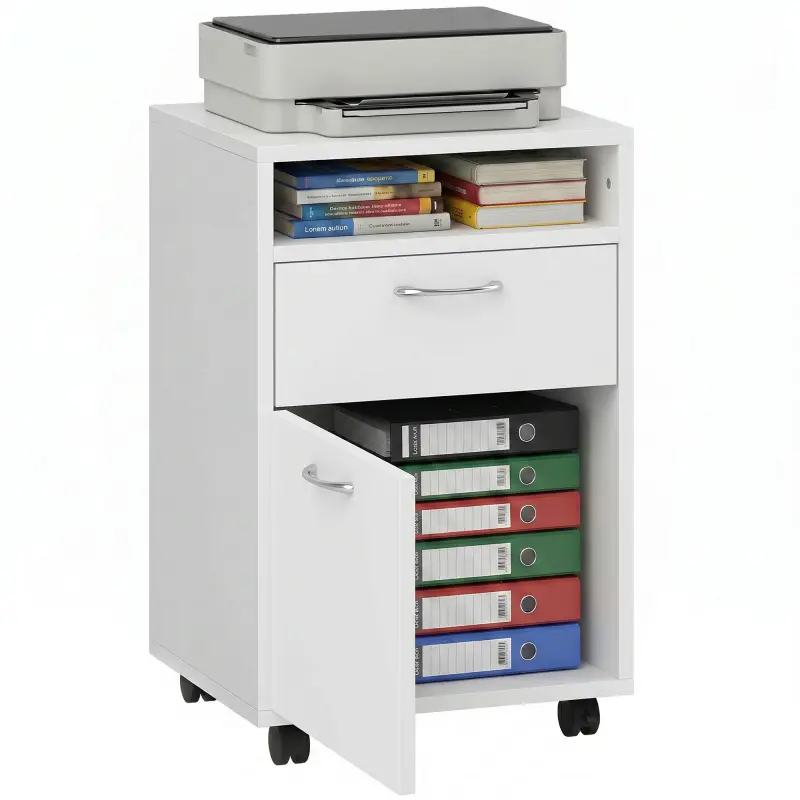 Mobile Storage Cabinet Organizer with Drawer and Cabinet, Printer Stand with Castors, White