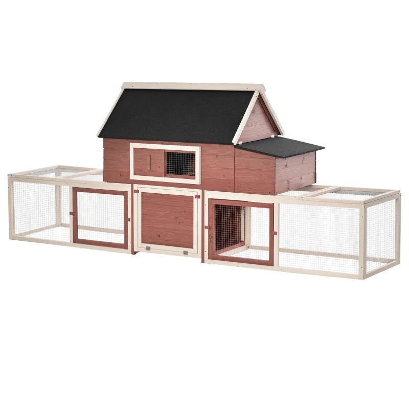 Wooden Chicken Coop, Outdoor Chicken Cage Poultry Hen House with Nesting Box, Double Runs, Asphalt Roof, Ramp