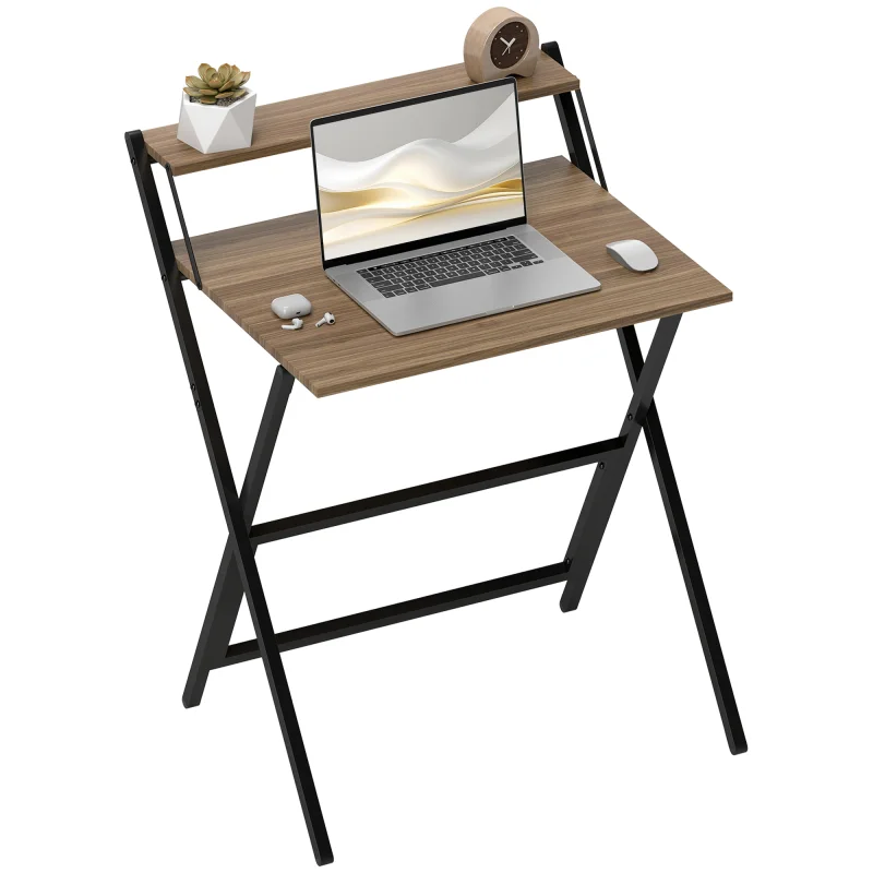 Folding Computer Desk, 27.6" Foldable Desk with Monitor Shelf for Small Space, Home Office, Study, Easy Assembly, Walnut