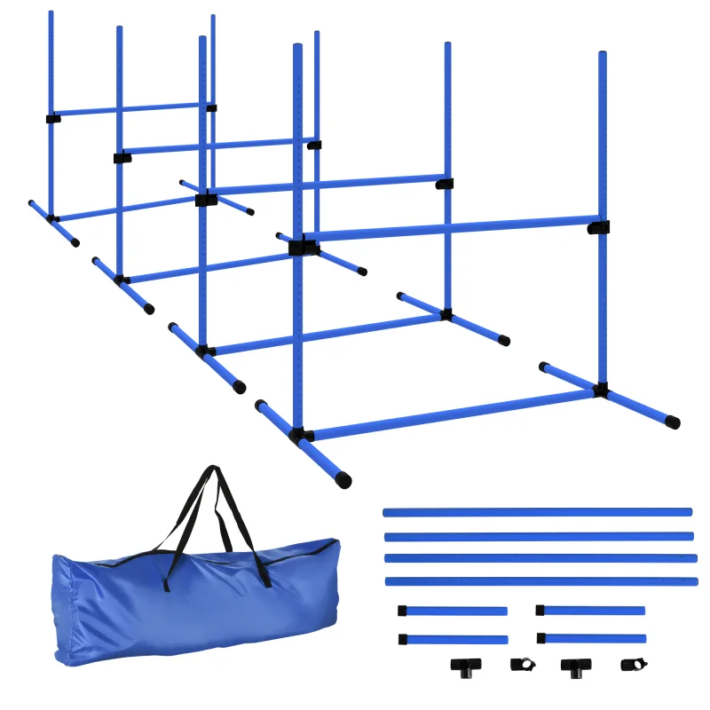 4 Piece Dog Agility Starter Kit with Adjustable Height Jump Bars, Included Carry Bag & Displacing Top Bar - Blue