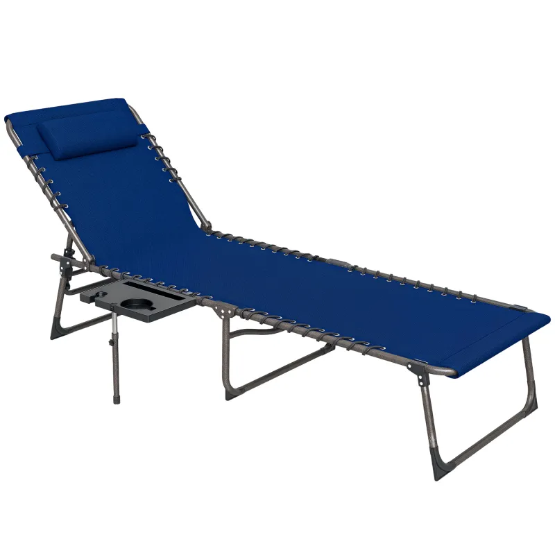 Folding Outdoor Chaise Lounge Chair Tanning Chair with 5-Level Adjustable Back, Side Table, Pillow, Pocket, Dark Blue