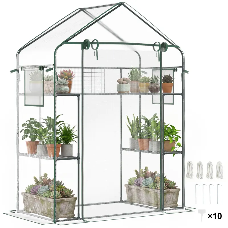 Outdoor Walk-in Mini Greenhouse with Mesh Door & Windows, Small Portable Garden Green House with 3 Tiers 6 Shelves, Trellis, & Plant Labels