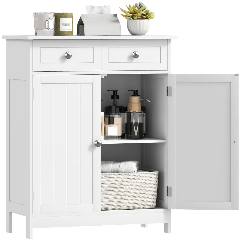 Freestanding Bathroom Floor Cabinet, Wooden Bathroom Cabinet with 2 Doors, 2 Drawers and Adjustable Shelf, White